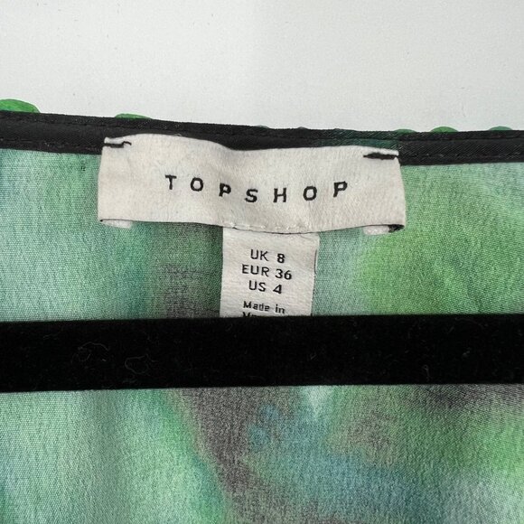Topshop Ruffle A-Line V-Neck Watercolor Bell Sleeve Mini Dress Green Size 4 NWOT - Picture 7 of 9
